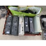 THREE XBOX'S AND THREE XOBOX 360'S AND AN ASSORTMENT OF CABLES AND CONTROLLERS ETC