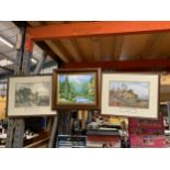 THREE FRAMED PRINTS 'THE OLD MANSE', 'THE HAYWAIN' AND 'THE ORDER OF THE BATH' PLUS A FRAMED OIL