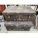 TWO VINTAGE METAL TRAVEL TRUNKS BEARING THE INITIALS W.H.W.F