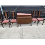 AN EARLY 20TH CENTURY OAK GATELEG DINING TABLE ON CABRIOLE LEGS AND FOUR MATCHING CHAIRS