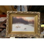 A GILT FRAMED JOSEPH FARQUHARSON PRINT 'WHEN THE WEST WITH EVENING GLOWS'
