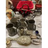 A QUANTITY OF SILVER PLATED AND PEWTER TO INCLUDE TANKARDS, TEAPOTS, TABLE LIGHTERS, NAPKINS, SALT