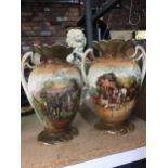 A PAIR OF TWIN HANDLED VASES WITH A FARMING SHIRE HORSE SCENE
