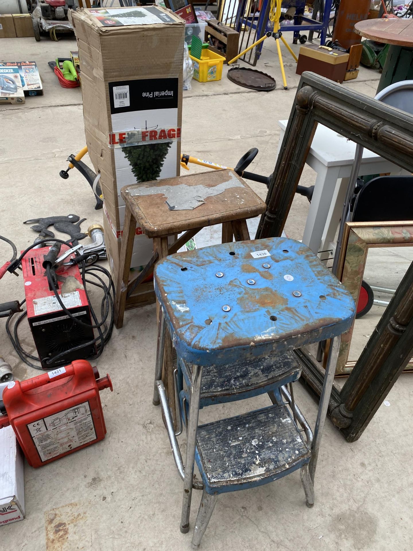 A VINTAGE WOODEN STEP STOOL AND A RETRO FOLDING STEP STOOL