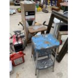 A VINTAGE WOODEN STEP STOOL AND A RETRO FOLDING STEP STOOL