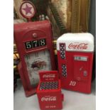 THREE ITEMS - METAL PETROL PUMP CLOCK AND COCA COLA ITEMS