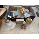 AN ASSORTMENT OF ITEMS TO INCLUDE CLOCKS, BOWLS AND A LAMP ETC