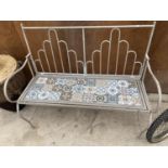 A FOLDING METAL TWO SEATER BENCH WITH INSET TILED SEAT