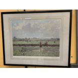 A PENCIL SIGNED PRINT OF A HUNTING SCENE IN FRAME