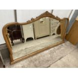 A 19TH CENTURY BEECH FRAMED OVERMANTEL MIRROR WITH CARVED FOLIATE TOP, 72X40"