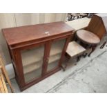 A 20TH CENTURY TWO DOOR GLAZED BOOKCASE, 32" WIDE, LOW BEDSIDE LOCKER AND TWO TIER OCCASIONAL TABLE