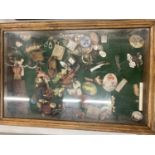 A DISPLAY CASE CONTAINING A QUANTITY OF ITEMS TO INCLUDE MINIATURE ANIMAL, CHARMS, ETC
