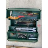 A METAL TOOL BOX WITH AN ASSORTMENT OF TOOLS TO INCLUDE SPANNERS AND SCREW DRIVERS ETC