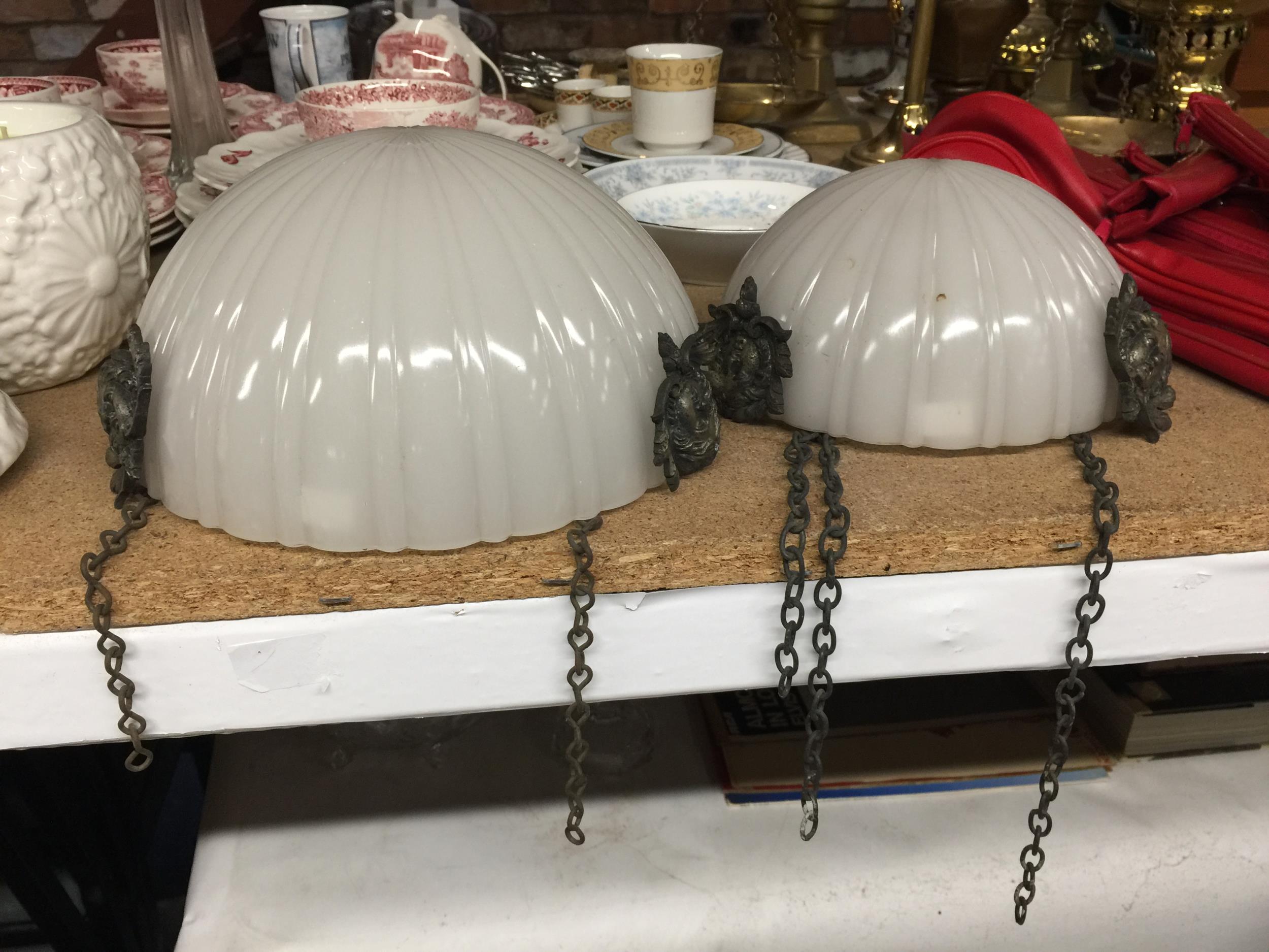 TWO VINTAGE JEFFERSON MOONSTONE CEILING LIGHTS WITH GLASS SHADES AND BRASS CHERUBS