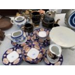 AN ASSORTMENT OF CERAMIC ITEMS TO INCLUDE ROYAL ALBERT HIERLOOM AND A BLAKC AND GILT TEASET ETC