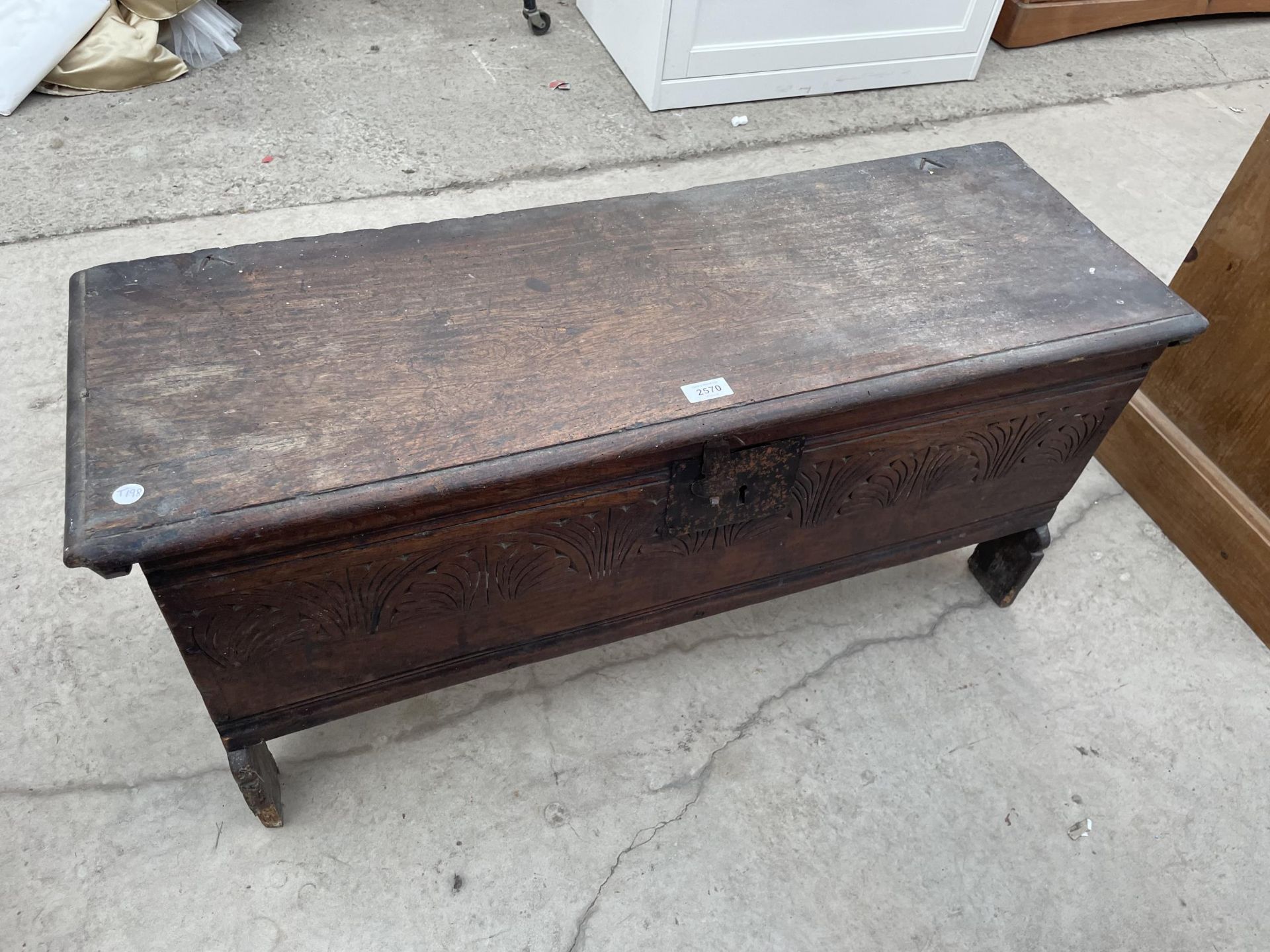 A GEORGIAN OAK SWORD CHEST WITH CARVED FRONT, 38X13"