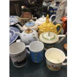 A QUANTITY OF TEAPOTS TO INCLUDE BURLEIGHWARE, SADLER, POOLE, ETC PLUS MUGS