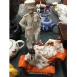 A LARGE VICTORIAN STAFFORDSHIRE LORD KITCHENER AND A PAIR OF FIGURES ON CHAISE LONGUES - BOTH A/F
