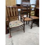 AN EDWARDIAN MAHOGANY AND INLAID ELBOW CHAIR AND PAIR OF OAK BARLEYTWIST BEDROOM CHAIRS
