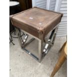 A LEATHER TOP TABLE ON POLISHED CHROME FRAME, 16" SQUARE