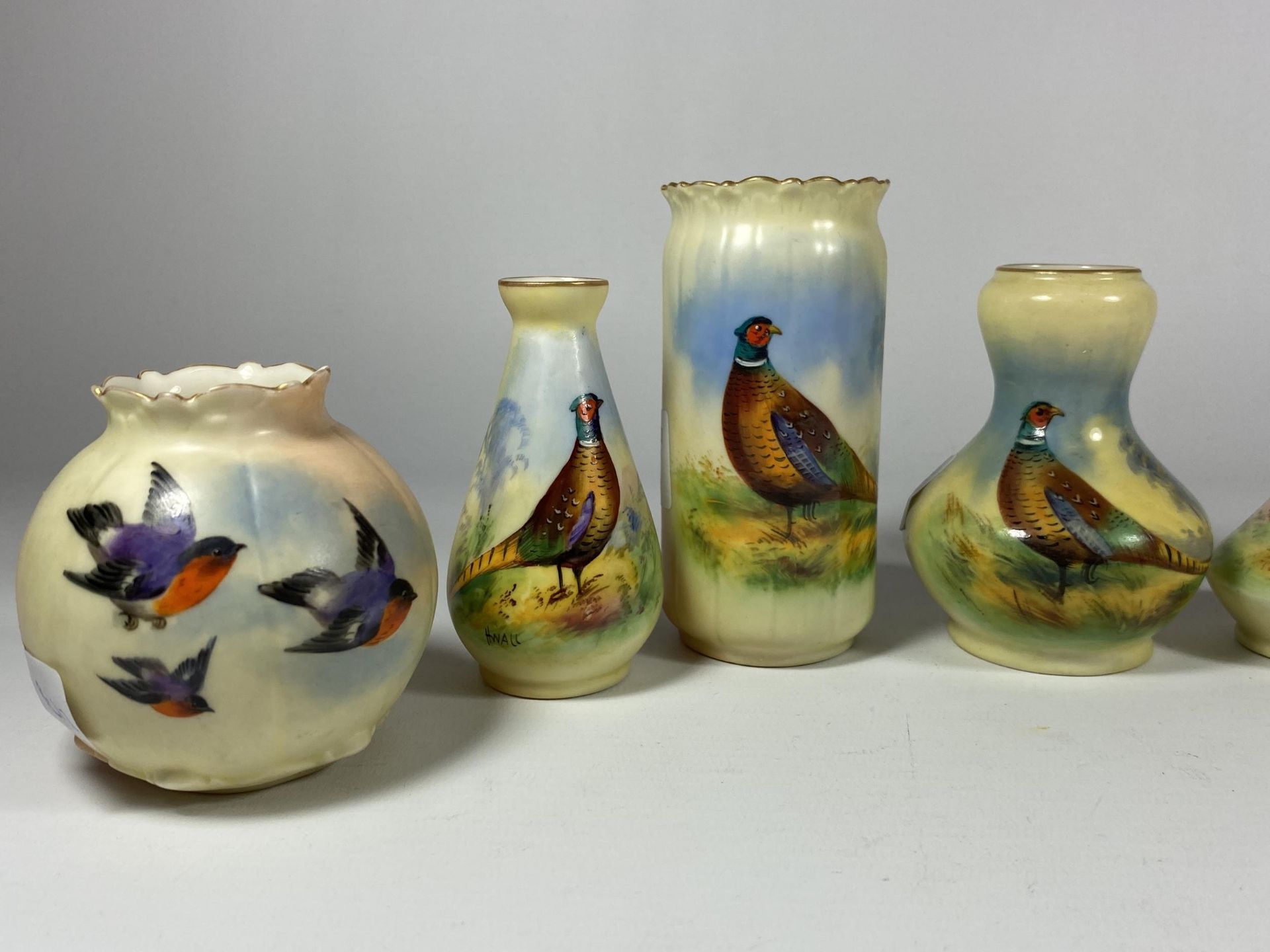 EIGHT LOCKE & CO WORCESTER HAND PAINTED CERAMIC PHEASANT DESIGN MINIATURE VASES, (SEVEN SIGNED BY - Image 2 of 4