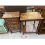 A SMALL OAK CONTINENTAL STYLE CHEST OF FOUR DRAWERS ON OPEN BASE, 18" WIDE AND AN OAK BARLEYTWIST