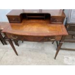 A 19TH CENTURY STYLE 'BRANDT' MAHOGANY WRITING TABLE WITH INSET LEATHER TOP ON TAPERING LEGS, 36"