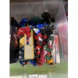 A MIXED BOX OF TRANSFORMERS MODELS WITH BOOKS, FIGURES ETC