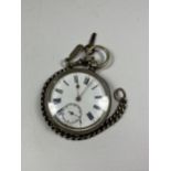 A CONTINENTAL .800 GRADE SILVER OPEN FACED POCKET WATCH WITH SILVER ALBERT CHAIN