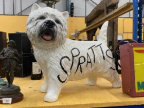 A LARGE CERAMIC MODEL OF A DOG WITH ADDED SPRATTS DESIGN, HEIGHT 43CM A/F