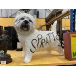 A LARGE CERAMIC MODEL OF A DOG WITH ADDED SPRATTS DESIGN, HEIGHT 43CM A/F
