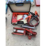 AN ASSORTMENT OF ITEMS TO INCLUDE A TROLLEY JACK AND JUMP LEADS ETC