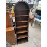 A MID 20TH CENTURY SEVEN TIER WATERFALL OPEN BOOKCASE WITH DOMED TOP, 21" WIDE
