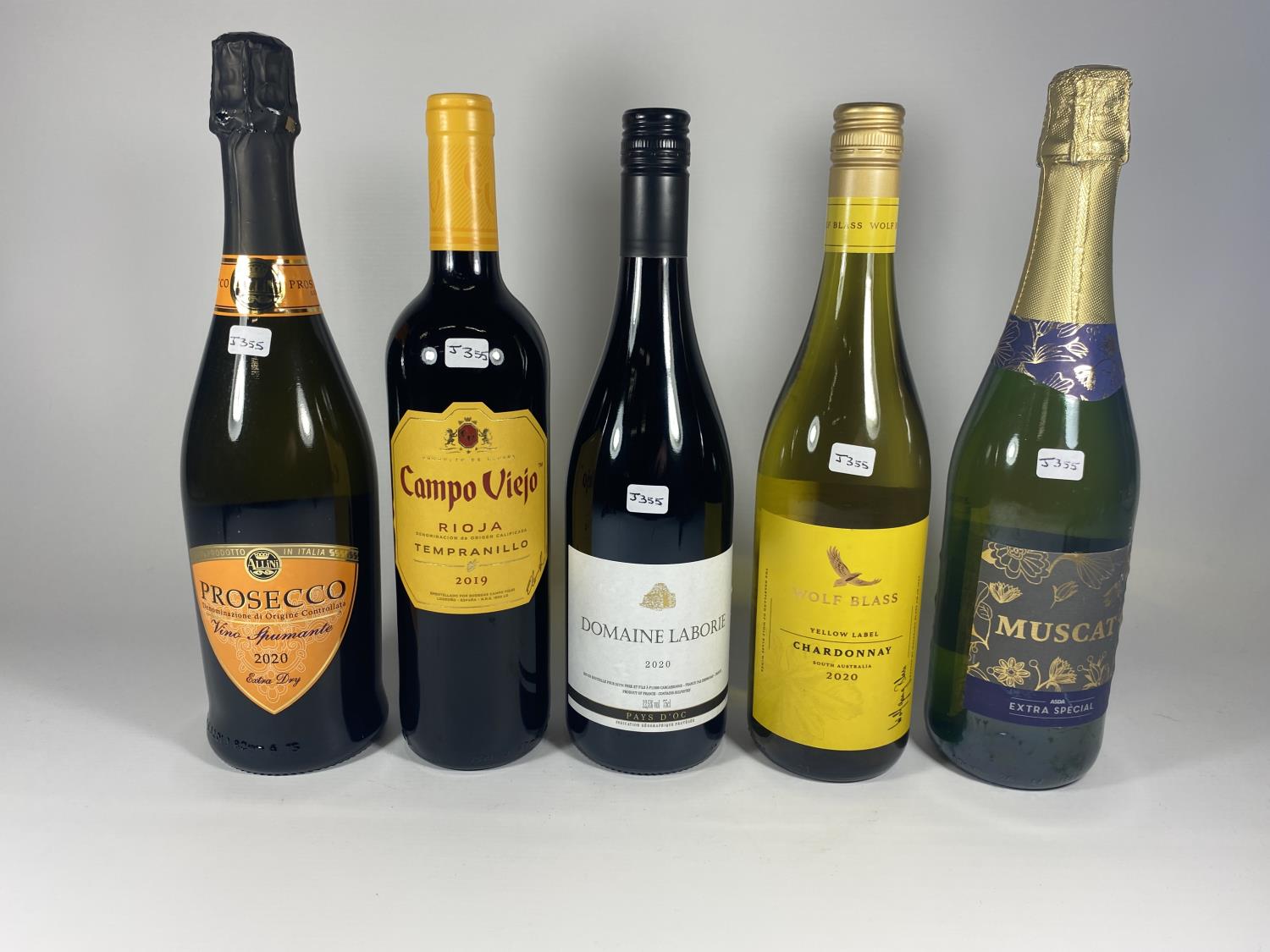 5 X MIXED 75CL BOTTLES - PROSECCO, SAMPO VIEJO, DOMAINE LABORIE, WOLF BLASS CHARDONNAY & MUSCAT