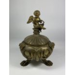 A 19TH CENTURY BRASS PETRARCH'S INKSTAND WITH CHERUB DESIGN, INSRIBED TO UNDERISDE OF LID