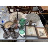 AN ASSORTMENT OF VINTAGE ITEMS TO INCLUDE CANDLESTICKS, CHARGERS AND FRAMED PICTURES ETC