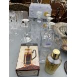 AN ASSORTMENT OF ITEMS TO INCLUDE GLASSES, A DECANTOR AND A VASE ETC