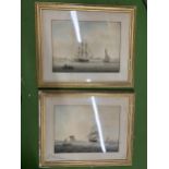 TWO ANTIQUE WATERCOLOUIRS OF SAILING SHIPS IN GILT FRAMES WITH THE ORIGINAL GALLERY LABEL TO THE