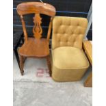 A VICTORIAN ELM AND BEECH KITCHEN CHAIR STAMPED 'G.COWBURN, MAKER, WIGAN' AND A MODERN BEDROOM CHAIR