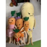 FOUR KEVIN THE CARROT FAMILY PLUSH TOYS AND A PASCAL PARSNIP