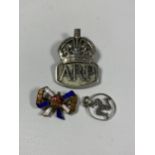 THREE ITEMS - HALLMARKED SILVER 'A.R.P' BROOCH, ENAMEL BADGE AND SILVER ISLE OF MAN PENDANT