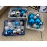 A LARGE QUANTITY OF ASSORTED SILVER AND BLUE CHRISTMAS TREE DECORATIONS