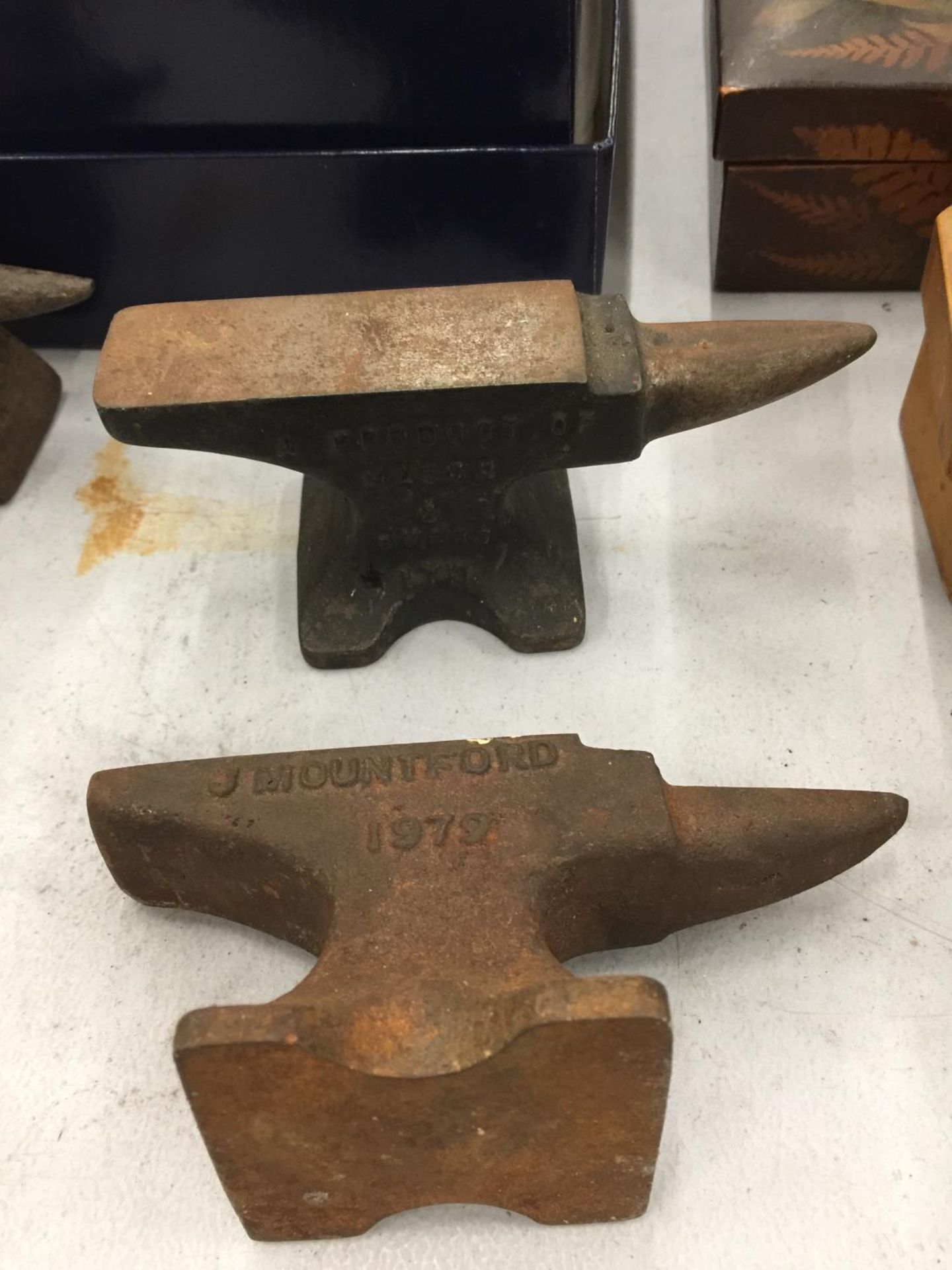 TWO MINIATURE SALES REPRESENTITIVE'S CAST IRON ANVILS, J MOUNTFORD 1979 AND MASON & BURNS LTD