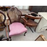 A MID 20TH CENTURY WALNUT AND BEECH OPEN ARMCHAIR WITH SPLIT CANE BACK AND 19TH CENTURY CORNER