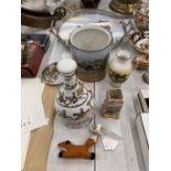 A 'HUNTING' THEMED LOT TO INCLUDE A CERAMIC TRAY WITH PLATED GALLERIED EDGE, BURLEIGHWARE POT, CROWN