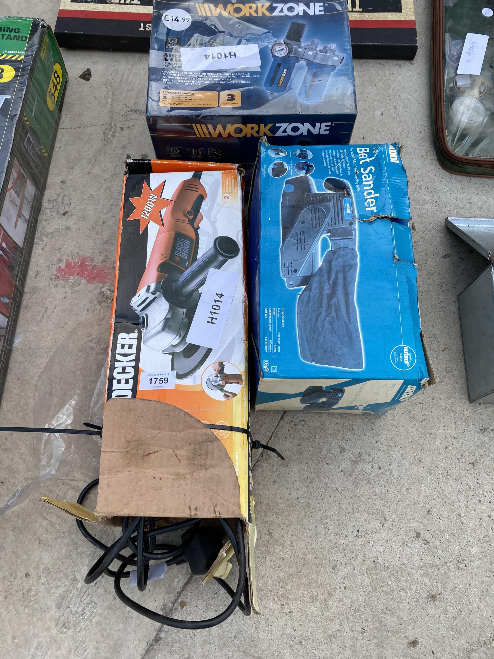 THREE POWER TOOLS TO INCLUDE A BELT SANDER AND A BLACK AND DECKER GRINDER ETC