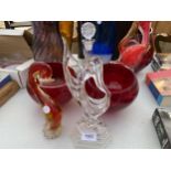 AN ASSORTMENT OF GLASS WARE TO INCLUDE A DECANTOR AND VASES ETC