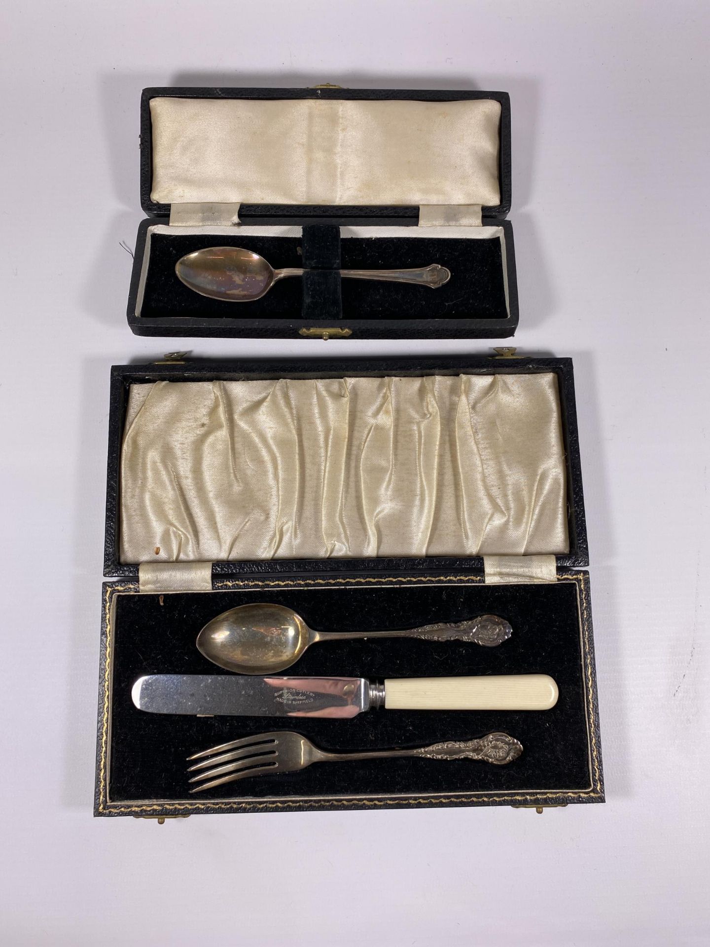 TWO BOXED ITEMS - SILVER SPOON AND SILVER FLATWARE SET (KNIFE IS STAINLESS)