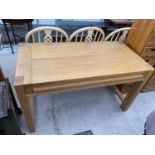 A MODERN OAK WORK TABLE WITH SINGLE DRAWER WITH DROP-DOWN FLAP, 52X26"