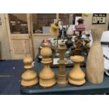 FIVE LARGE WOODEN DECORATIVE CHESS PIECES